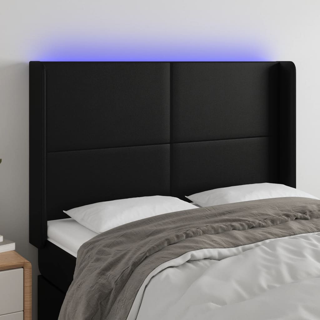 sengegavl med LED-lys 147x16x118/128 cm kunstlæder sort