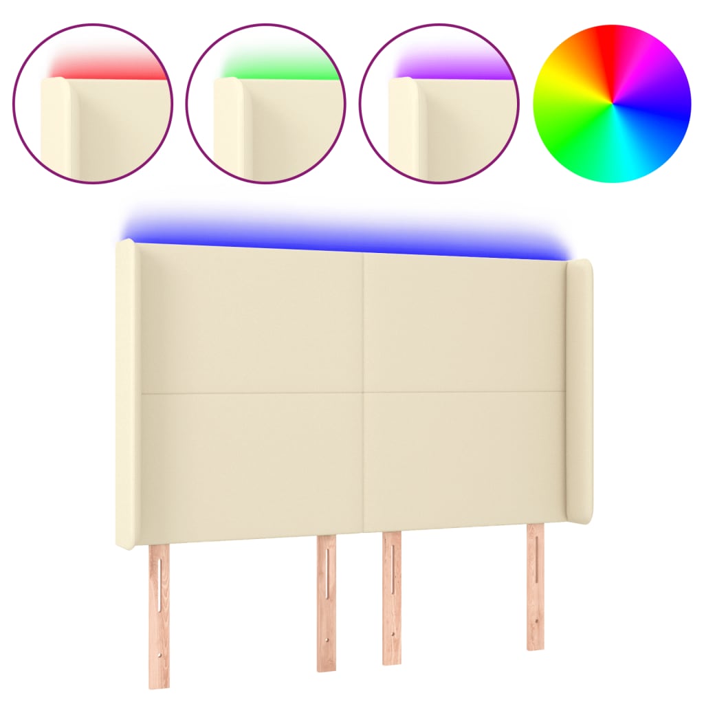 sengegavl med LED-lys 147x16x118/128 cm kunstlæder cremefarvet