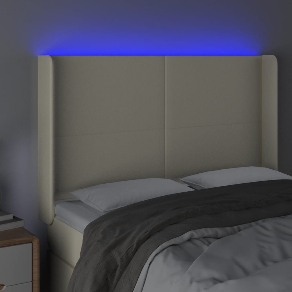 sengegavl med LED-lys 147x16x118/128 cm kunstlæder cremefarvet