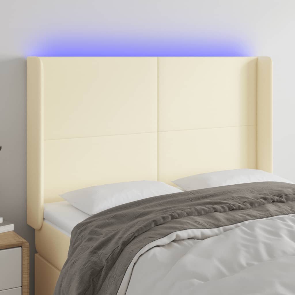 sengegavl med LED-lys 147x16x118/128 cm kunstlæder cremefarvet
