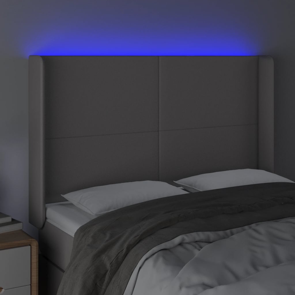 sengegavl med LED-lys 147x16x118/128 cm kunstlæder grå