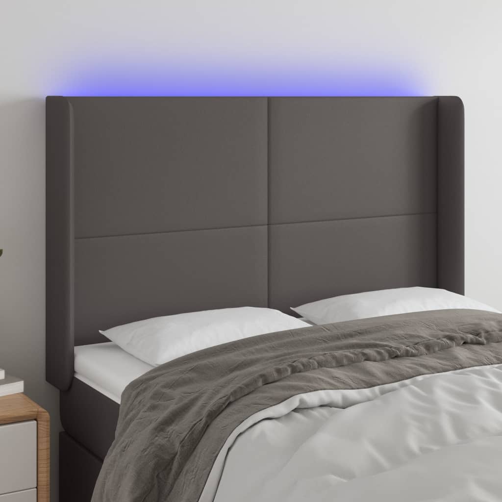 sengegavl med LED-lys 147x16x118/128 cm kunstlæder grå
