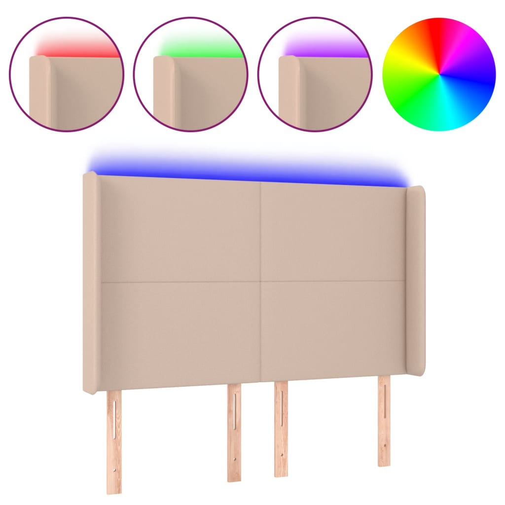 sengegavl med LED-lys 147x16x118/128 cm kunstlæder cappuccino