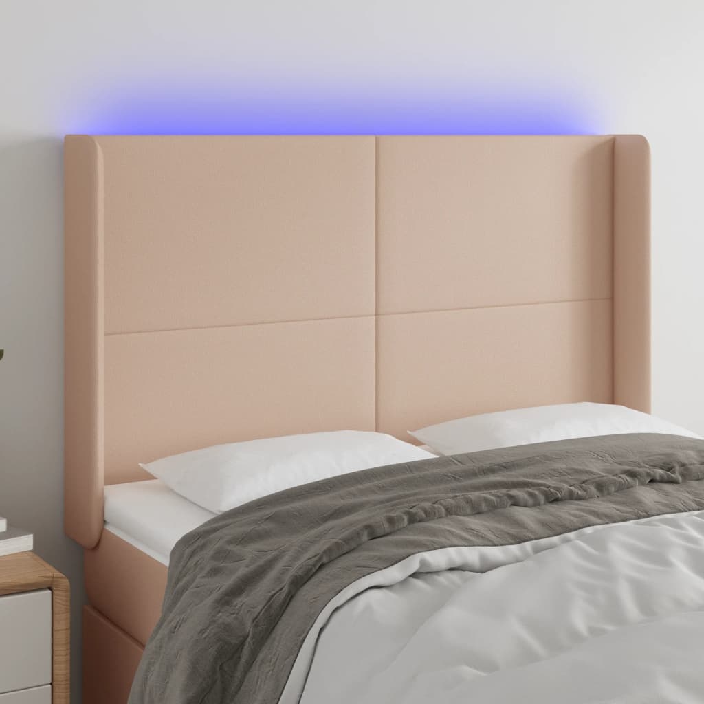 sengegavl med LED-lys 147x16x118/128 cm kunstlæder cappuccino