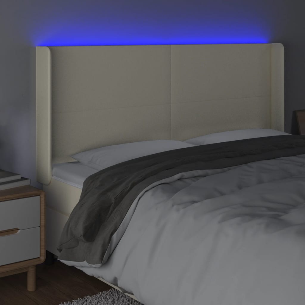 sengegavl med LED-lys 163x16x118/128 cm kunstlæder cremefarvet