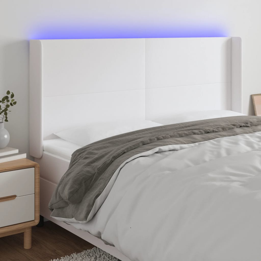 sengegavl med LED-lys 183x16x118/128 cm kunstlæder hvid