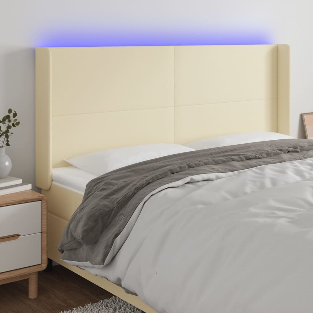sengegavl med LED-lys 183x16x118/128 cm kunstlæder cremefarvet