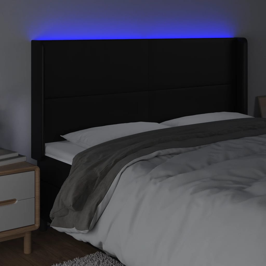 sengegavl med LED-lys 203x16x118/128 cm kunstlæder sort