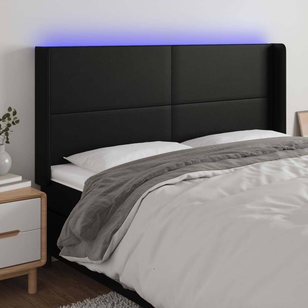 sengegavl med LED-lys 203x16x118/128 cm kunstlæder sort
