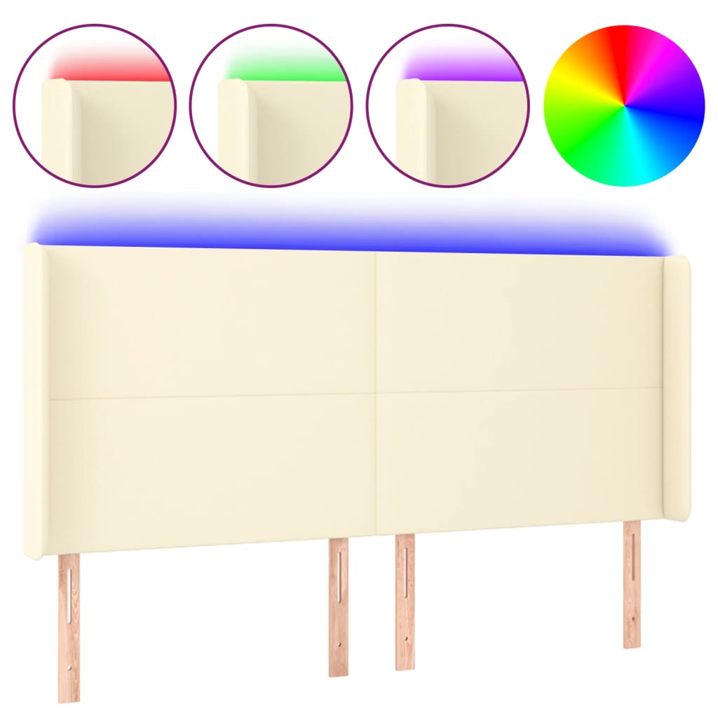 sengegavl med LED-lys 203x16x118/128 cm kunstlæder cremefarvet