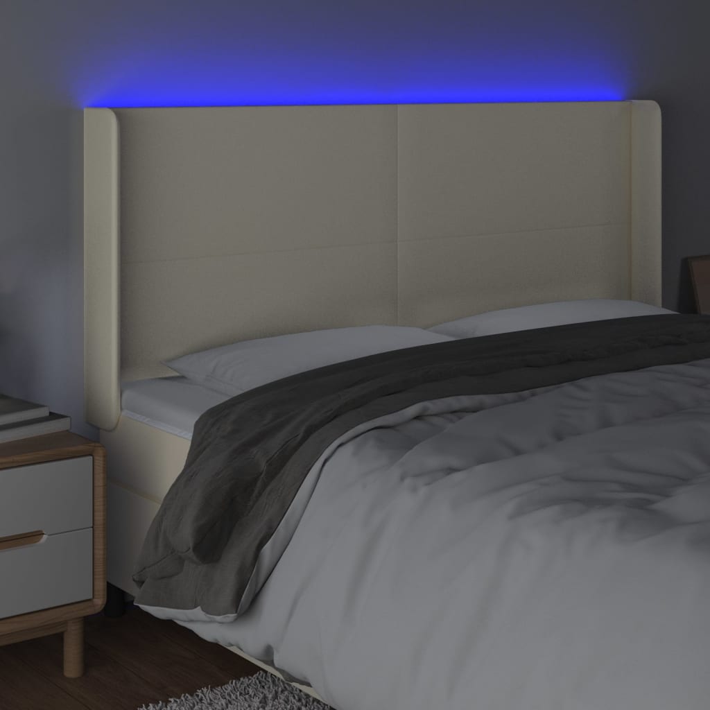 sengegavl med LED-lys 203x16x118/128 cm kunstlæder cremefarvet