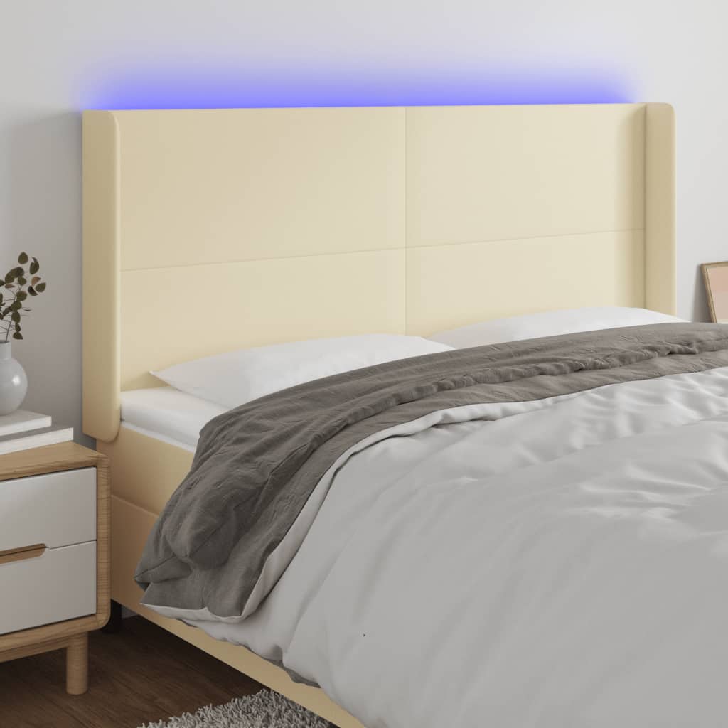 sengegavl med LED-lys 203x16x118/128 cm kunstlæder cremefarvet