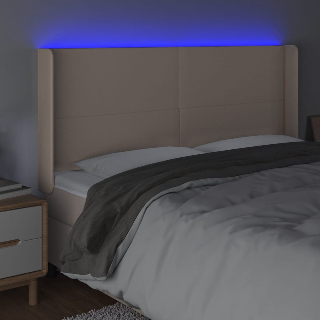 sengegavl med LED-lys 203x16x118/128 cm kunstlæder cappuccino