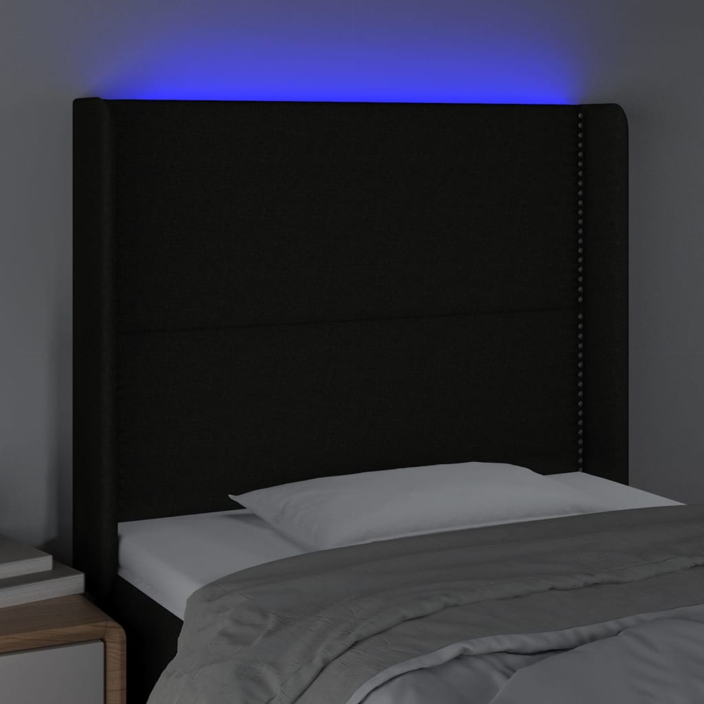 sengegavl med LED-lys 93x16x118/128 cm stof sort