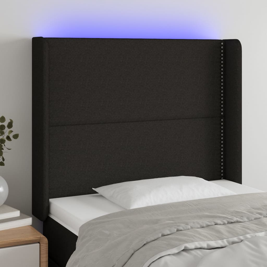 sengegavl med LED-lys 93x16x118/128 cm stof sort