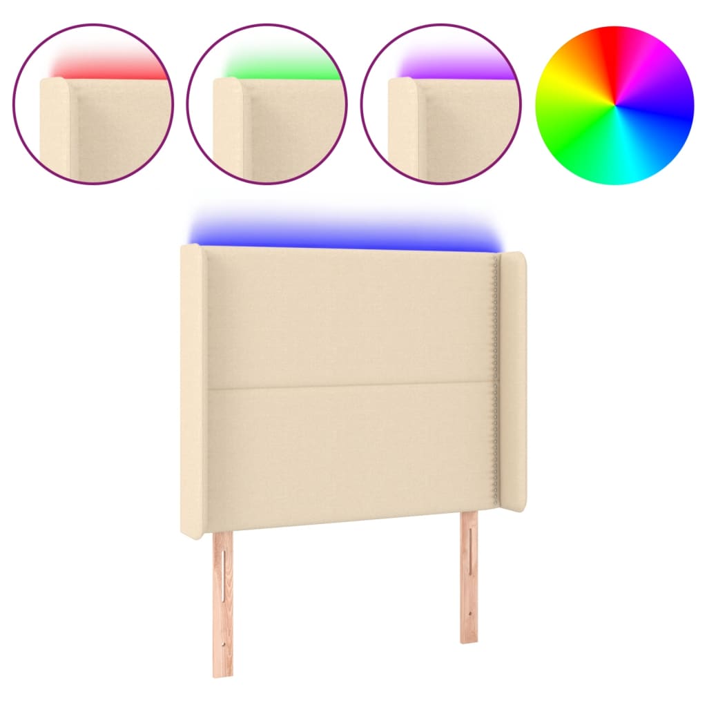sengegavl med LED-lys 93x16x118/128 cm stof cremefarvet