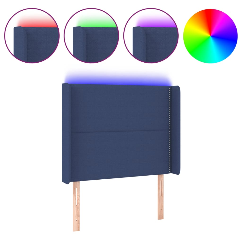 sengegavl med LED-lys 93x16x118/128 cm stof blå