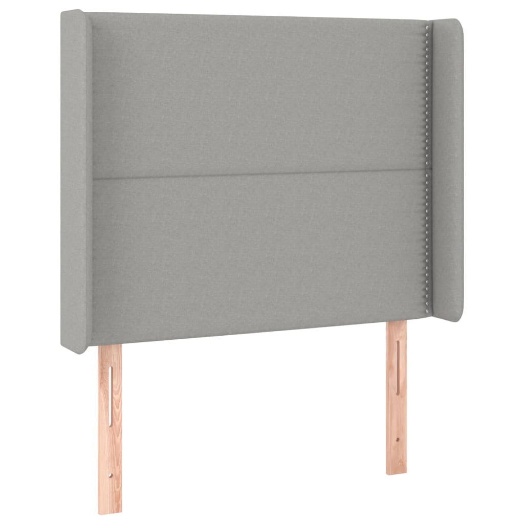 sengegavl med LED-lys 103x16x118/128 cm stof lysegrå