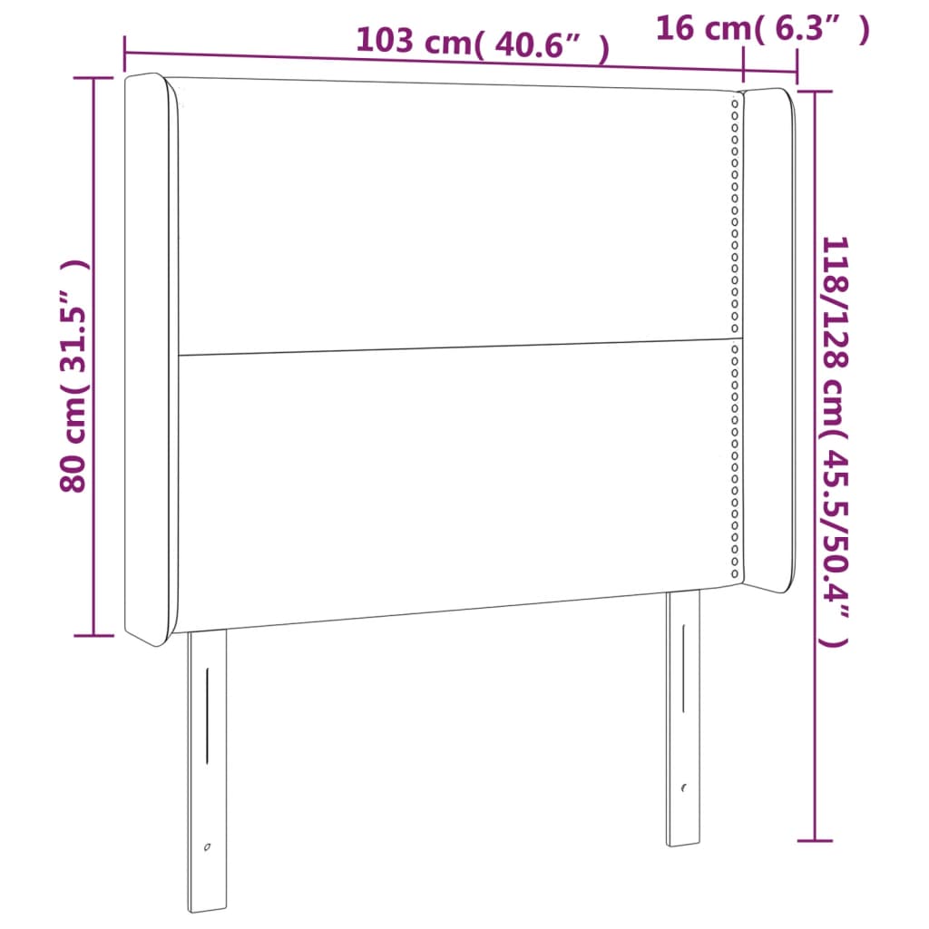 sengegavl med LED-lys 103x16x118/128 cm stof lysegrå