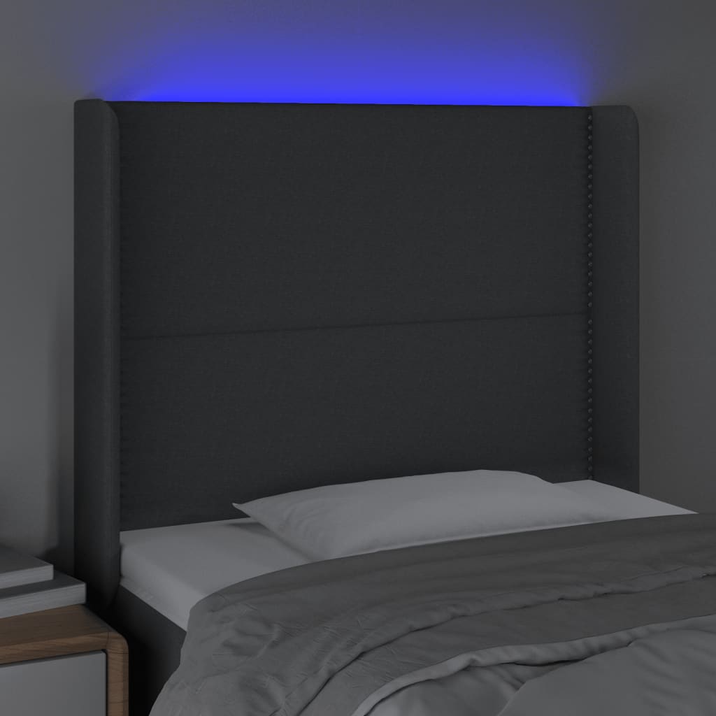 sengegavl med LED-lys 103x16x118/128 cm stof mørkegrå