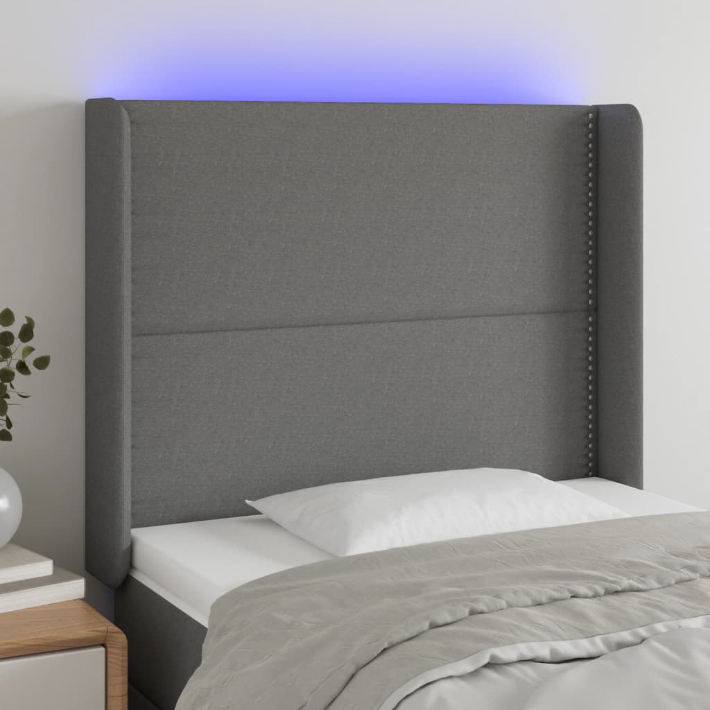sengegavl med LED-lys 103x16x118/128 cm stof mørkegrå