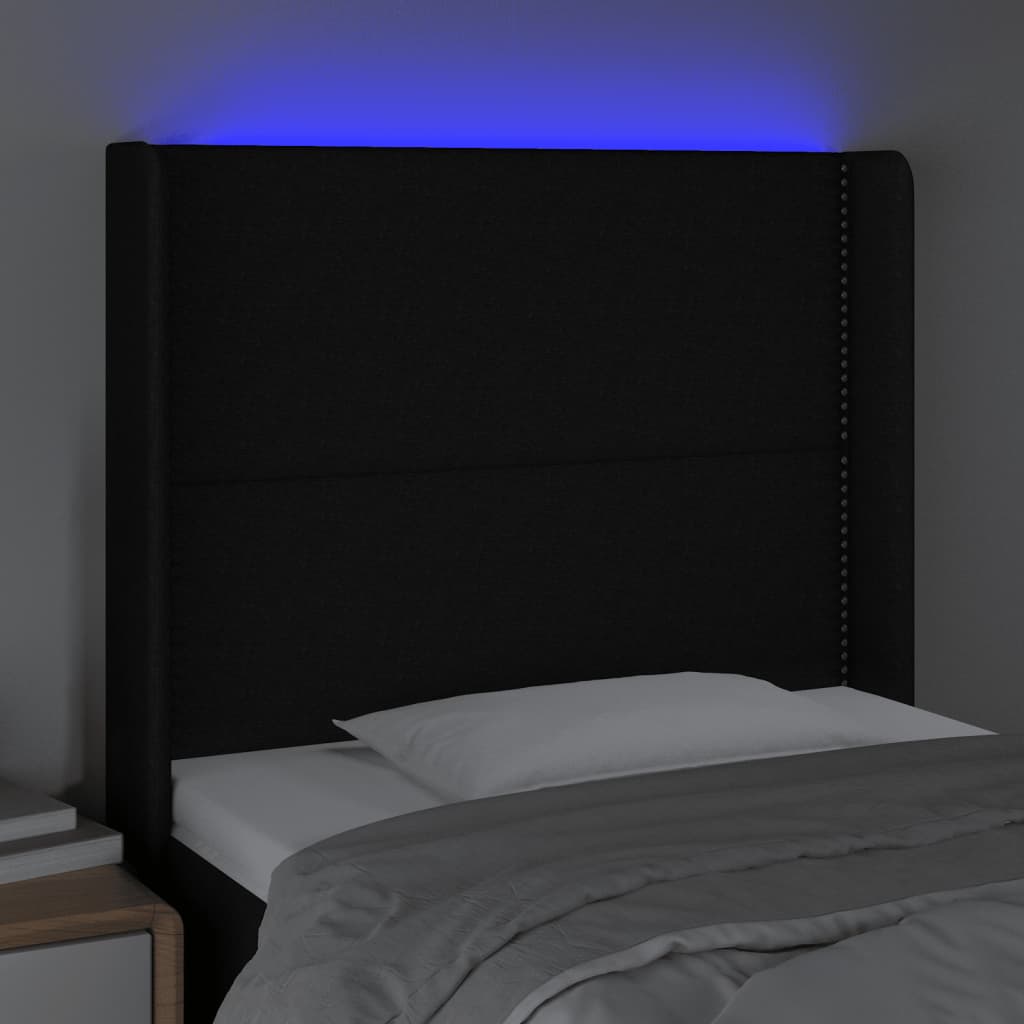 sengegavl med LED-lys 103x16x118/128 cm stof sort