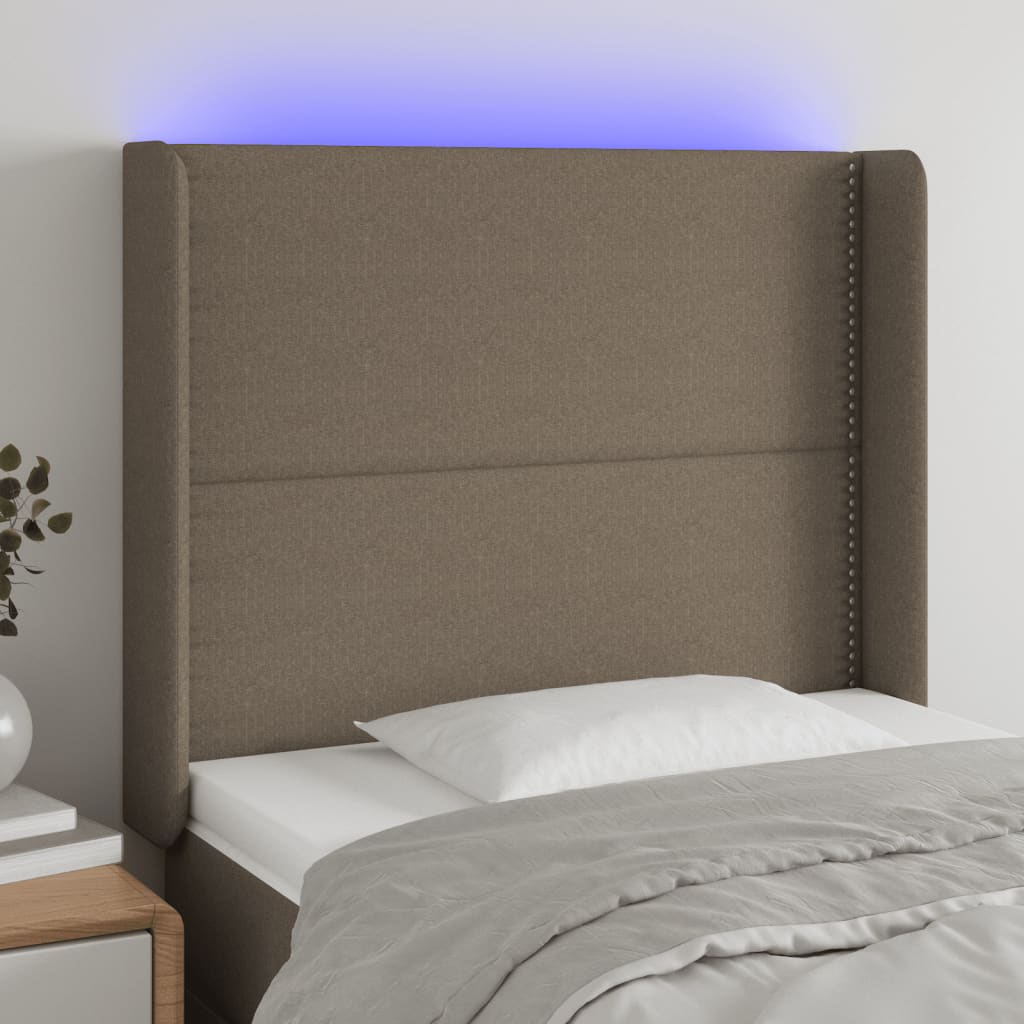 sengegavl med LED-lys 103x16x118/128 cm stof gråbrun