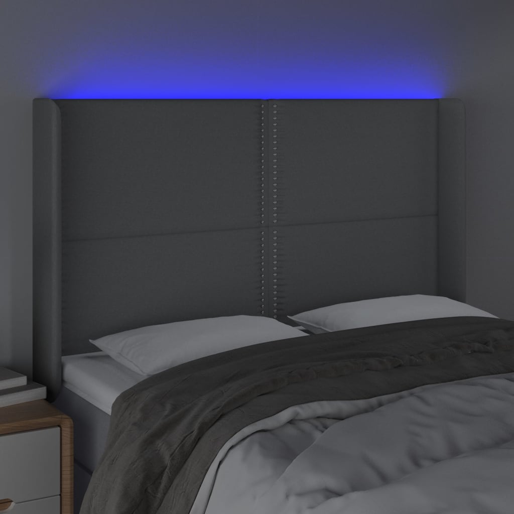 sengegavl med LED-lys 147x16x118/128 cm stof lysegrå