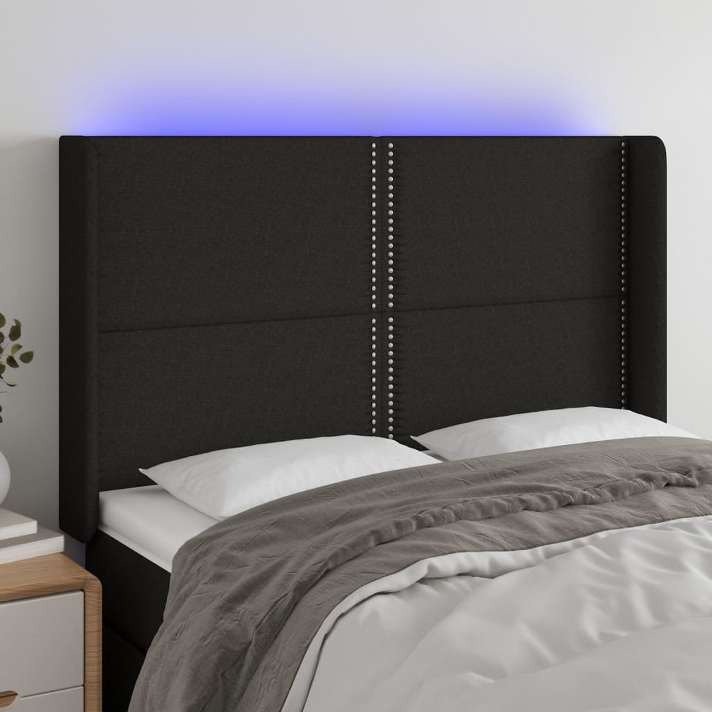 sengegavl med LED-lys 147x16x118/128 cm stof sort
