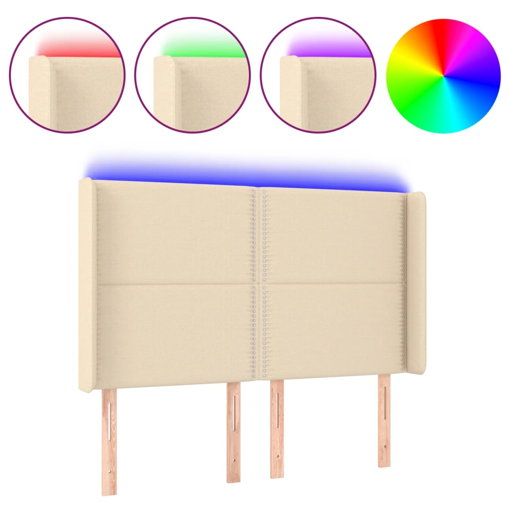 sengegavl med LED-lys 147x16x118/128 cm stof cremefarvet