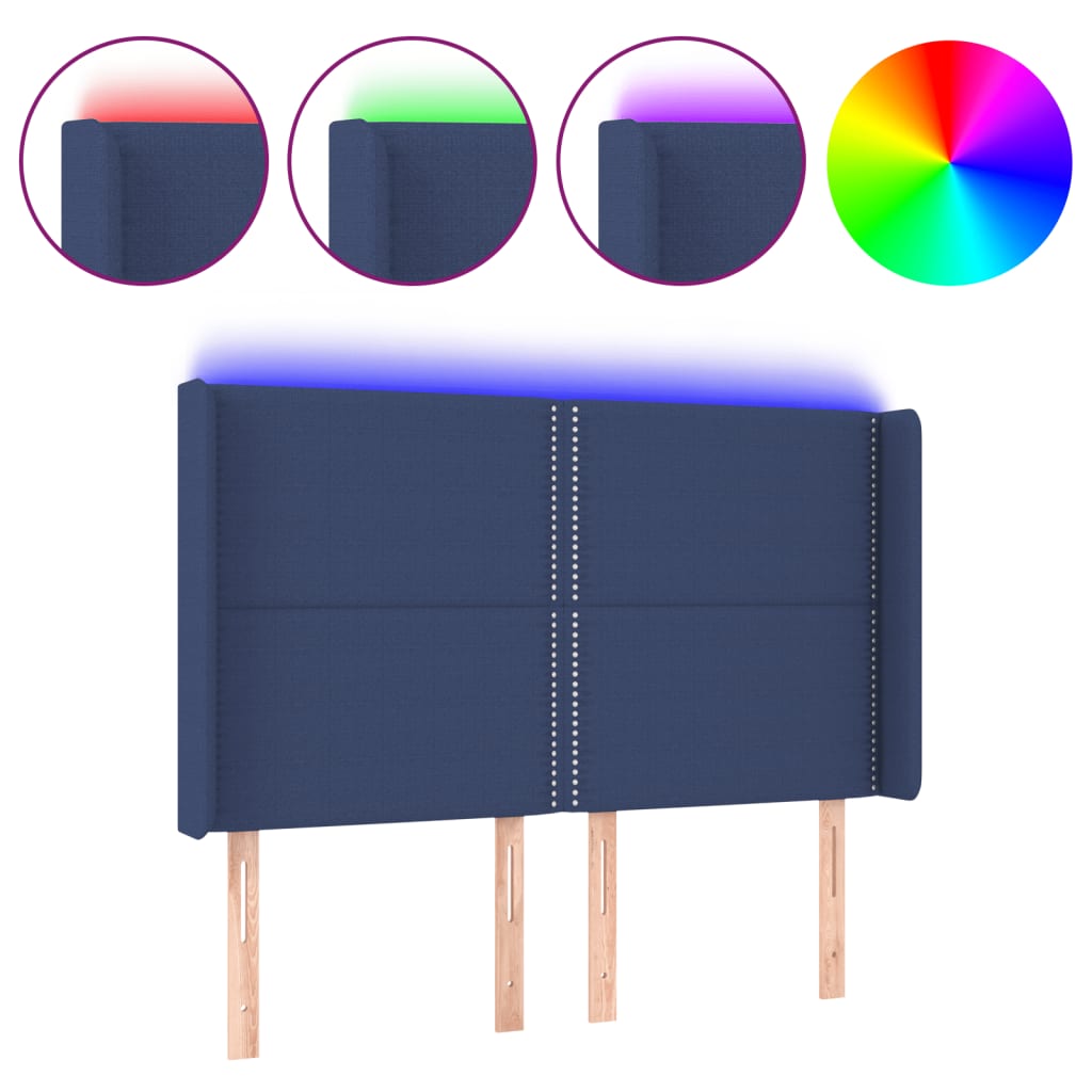 sengegavl med LED-lys 147x16x118/128 cm stof blå