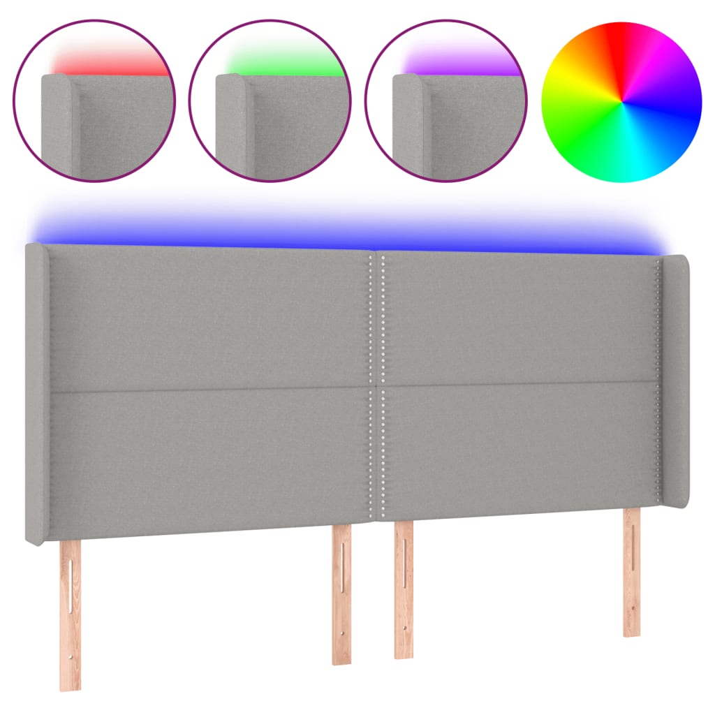 sengegavl med LED-lys 183x16x118/128 cm stof lysegrå