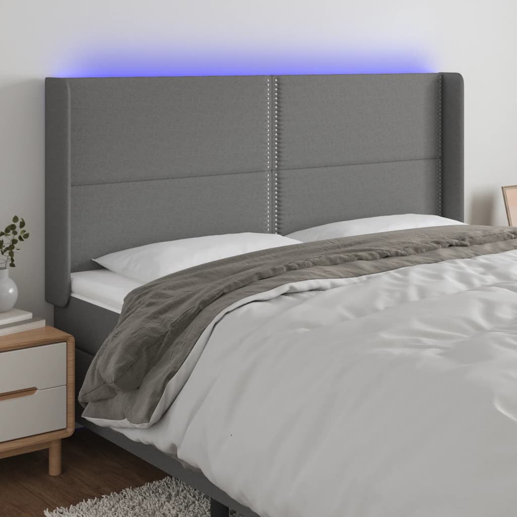 sengegavl med LED-lys 183x16x118/128 cm stof mørkegrå