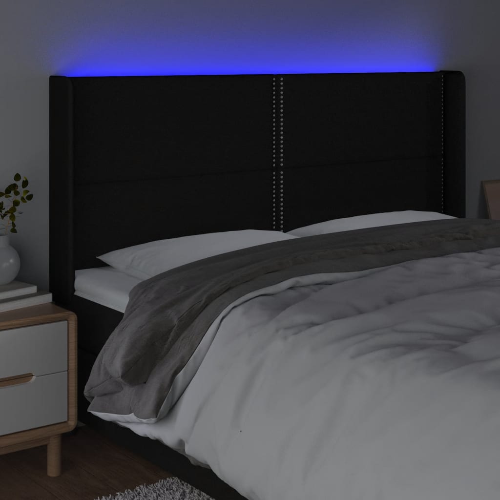sengegavl med LED-lys 183x16x118/128 cm stof sort