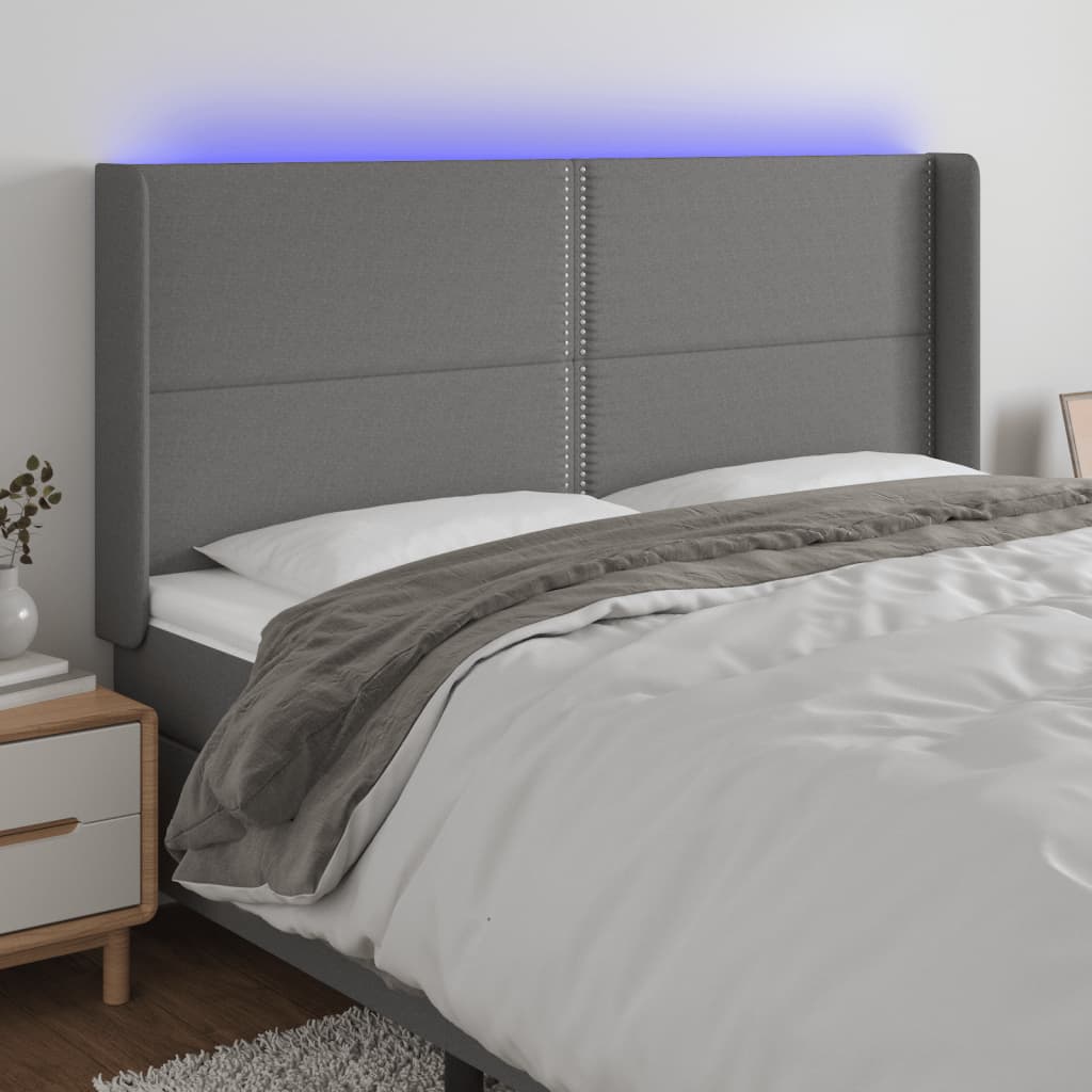 sengegavl med LED-lys 203x16x118/128 cm stof mørkegrå