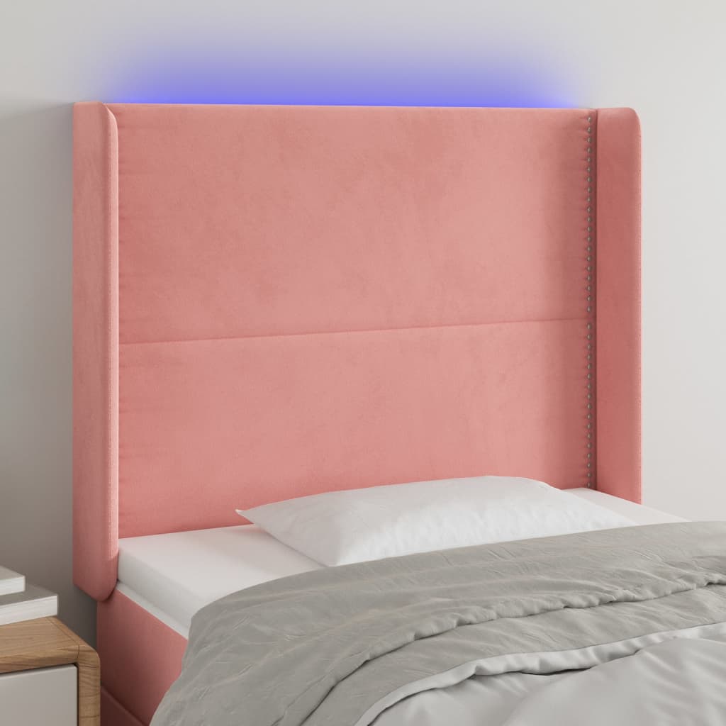 sengegavl med LED-lys 83x16x118/128 cm fløjl lyserød