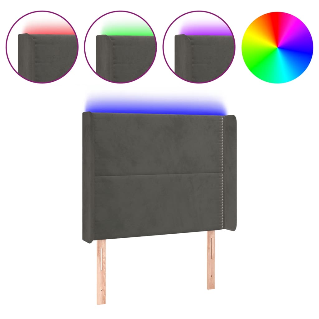 sengegavl med LED-lys 93x16x118/128 cm fløjl mørkegrå