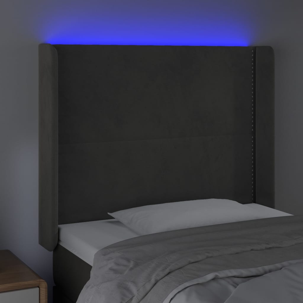 sengegavl med LED-lys 93x16x118/128 cm fløjl mørkegrå