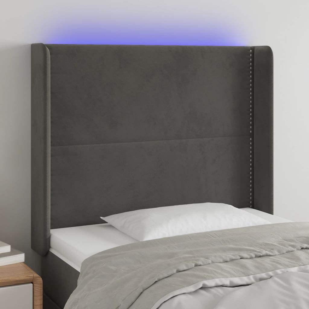 sengegavl med LED-lys 93x16x118/128 cm fløjl mørkegrå