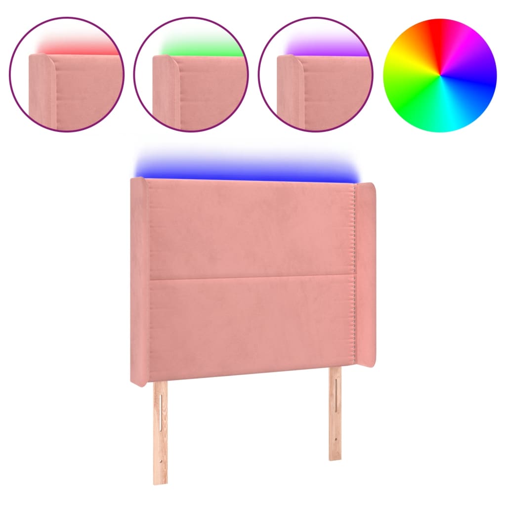 sengegavl med LED-lys 93x16x118/128 cm fløjl lyserød