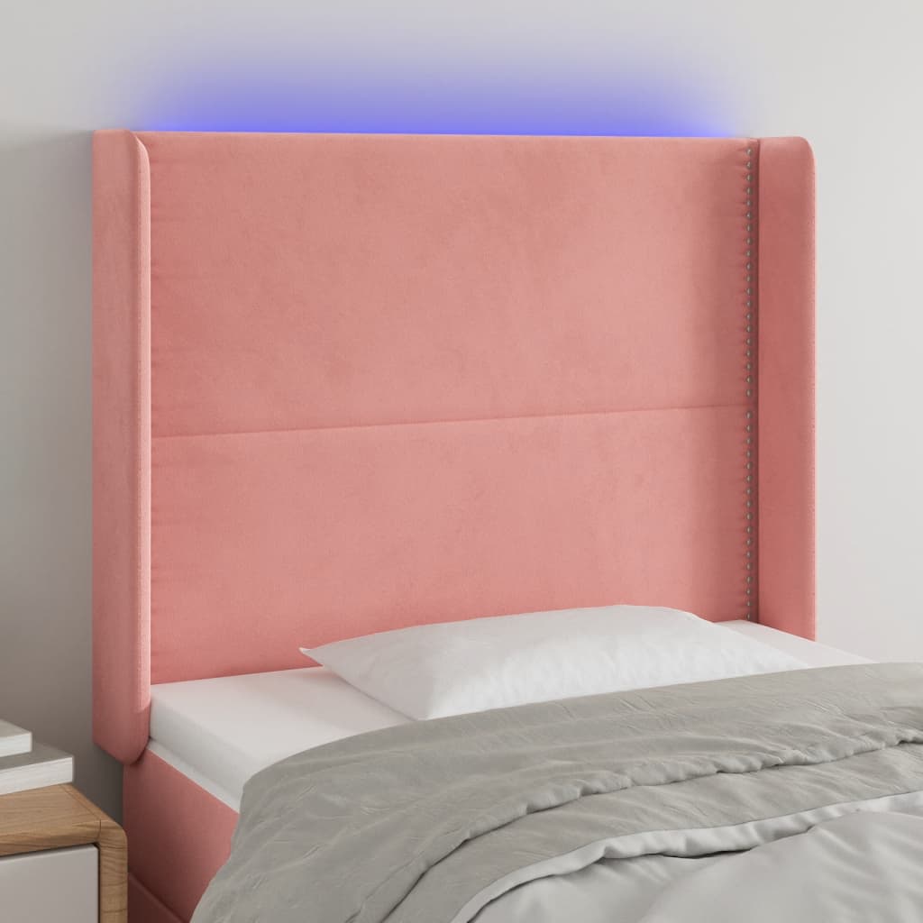 sengegavl med LED-lys 93x16x118/128 cm fløjl lyserød