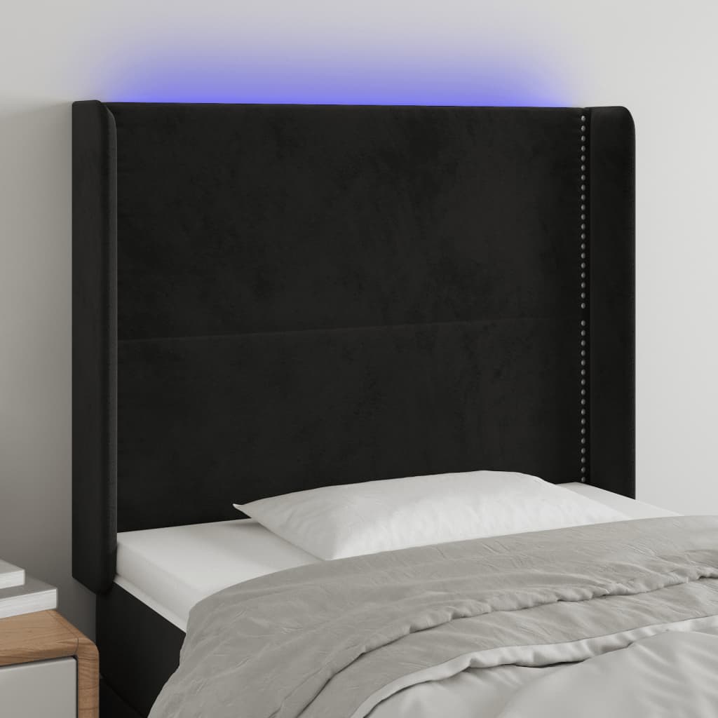 sengegavl med LED-lys 103x16x118/128 cm fløjl sort