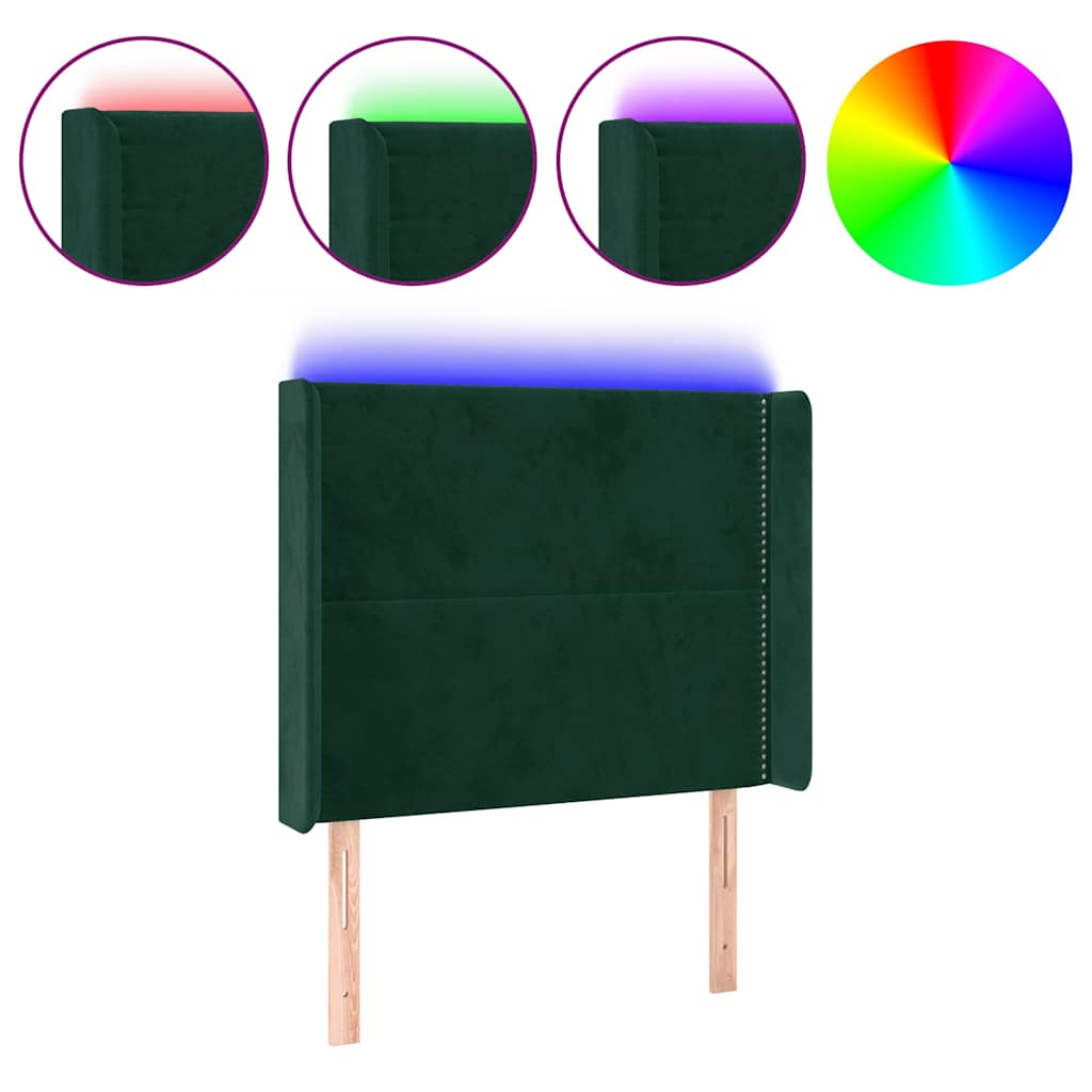 sengegavl med LED-lys 103x16x118/128 cm fløjl mørkegrøn