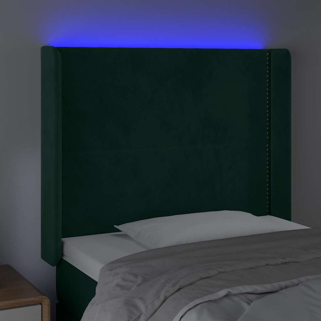 sengegavl med LED-lys 103x16x118/128 cm fløjl mørkegrøn