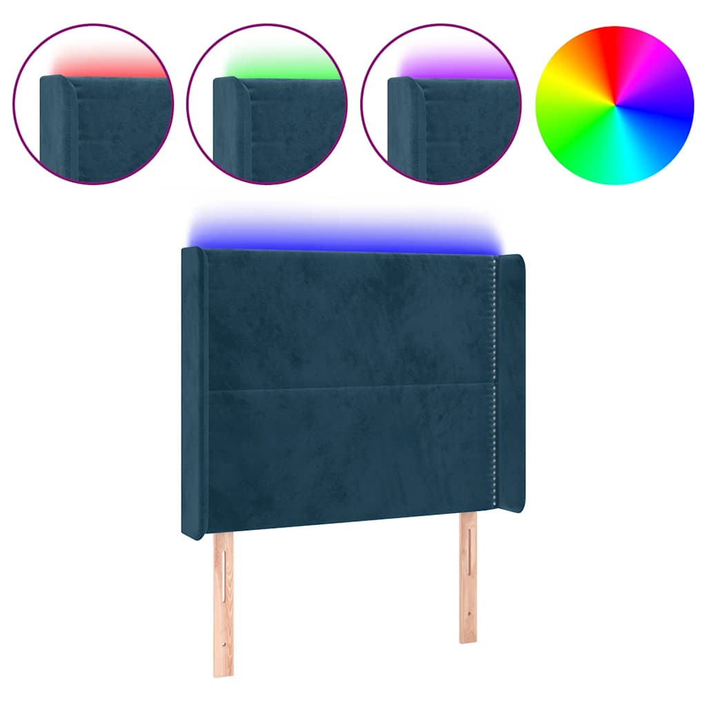 sengegavl med LED-lys 103x16x118/128 cm fløjl mørkeblå