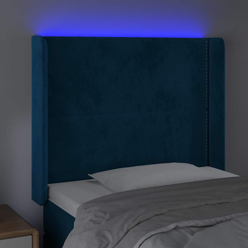sengegavl med LED-lys 103x16x118/128 cm fløjl mørkeblå