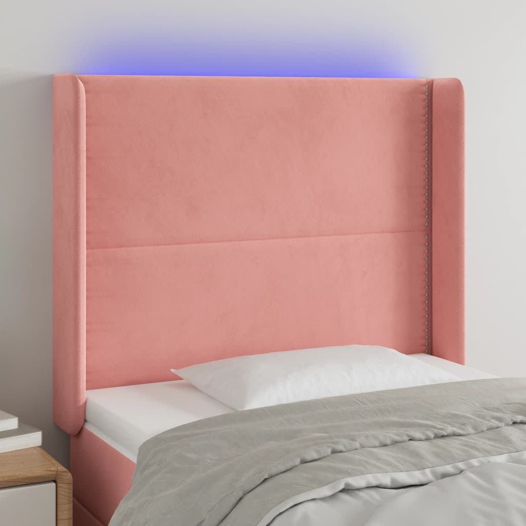 sengegavl med LED-lys 103x16x118/128 cm fløjl lyserød