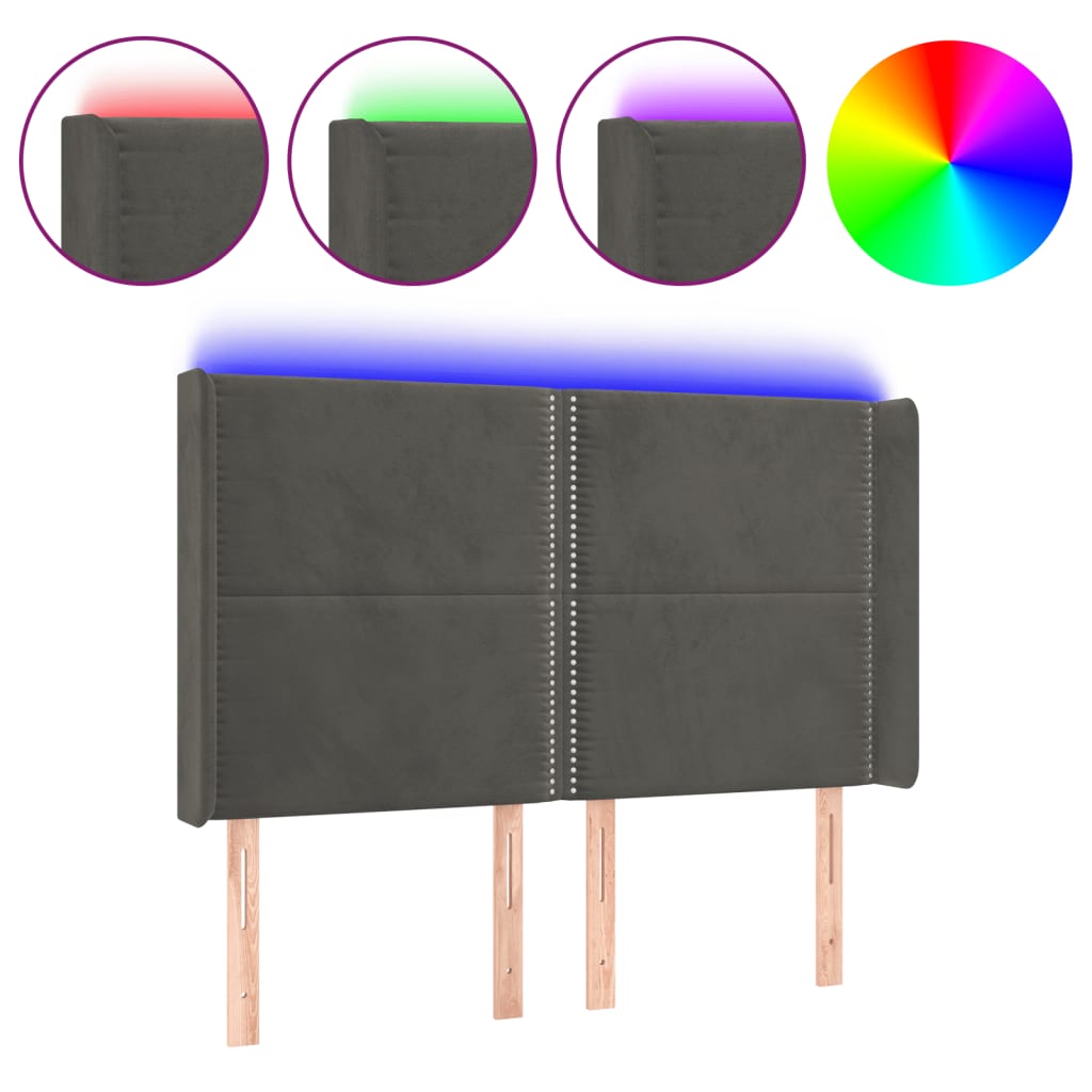 sengegavl med LED-lys 147x16x118/128 cm fløjl mørkegrå