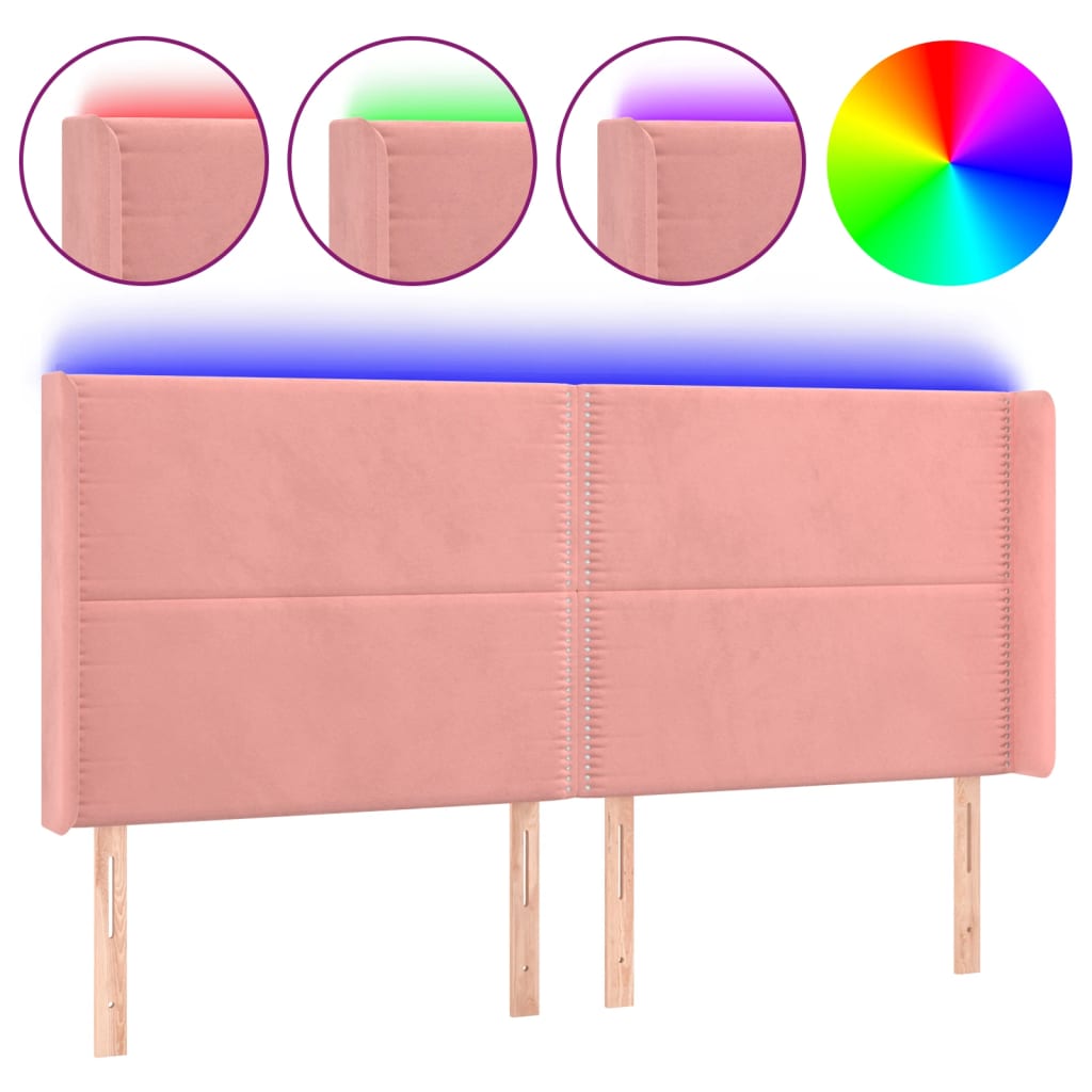 sengegavl med LED-lys 163x16x118/128 cm fløjl lyserød