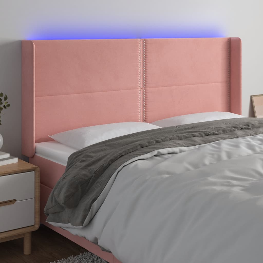 sengegavl med LED-lys 163x16x118/128 cm fløjl lyserød